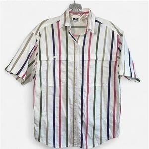 90's Vintage White Cotton Striped Short Sleeve Button Up Shirt Size 6